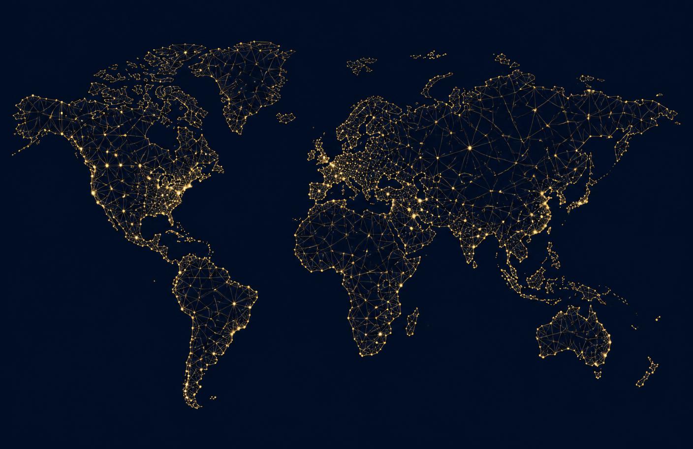 World map with a network of connected golden nodes